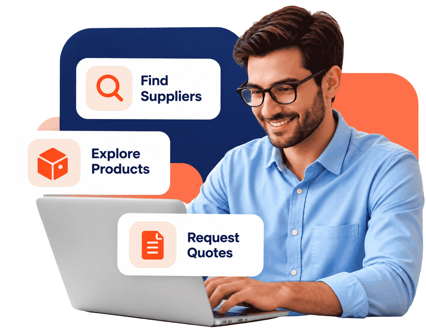 Smiling buyer at a laptop, with cards reading Find Suppliers, Explore Products and Request Quotes