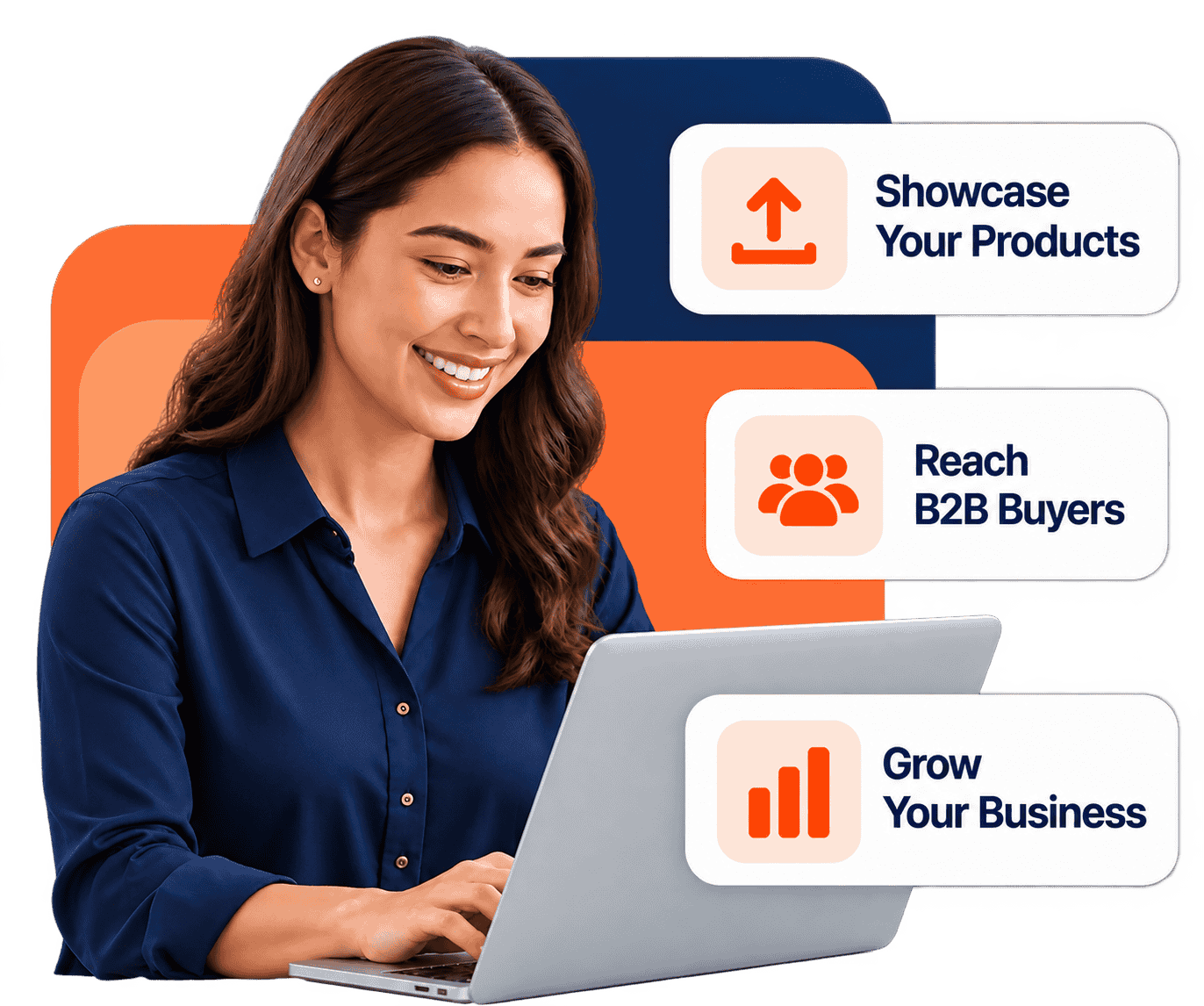Smiling supplier at a laptop, with cards reading Showcase Your Products, Reach B2B Buyers and Grow Your Business