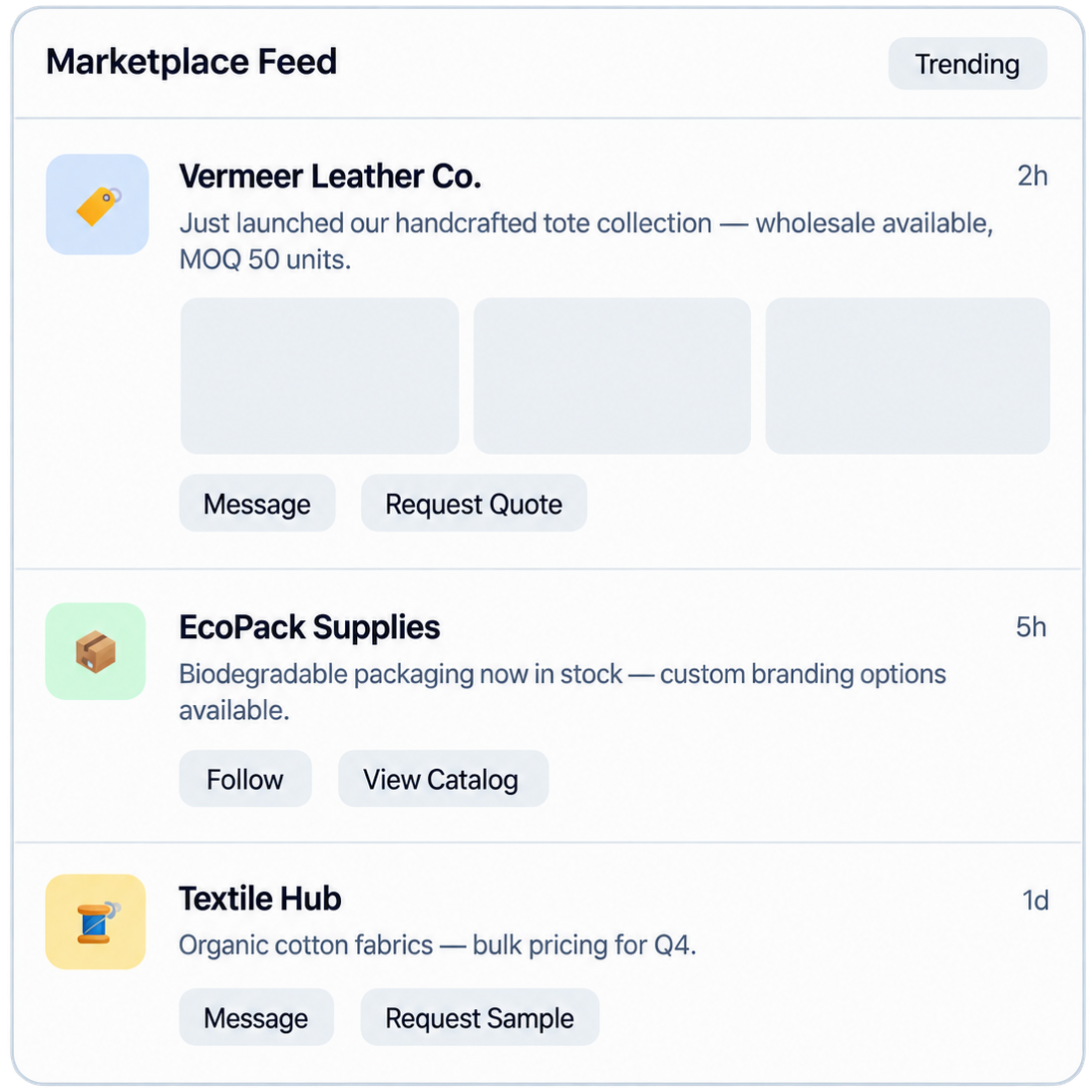 Marketplace feed with posts from Vermeer Leather Co., EcoPack Supplies and Textile Hub