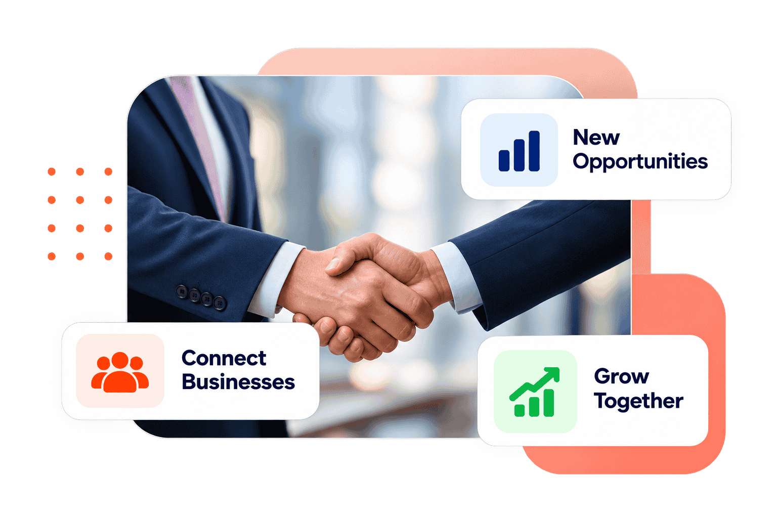 Two business people shaking hands, with cards reading Connect Businesses, New Opportunities and Grow Together